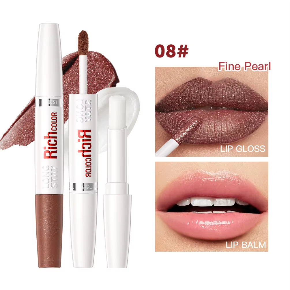 8 Colors Waterproof Double-Ended Lip Gloss Moisturizing Hydrating Non-Stick Cup Not Easy to Fade Long-Lasting Matte Lip Gloss