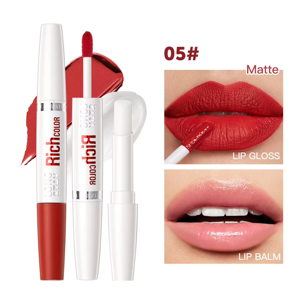 8 Colors Waterproof Double-Ended Lip Gloss Moisturizing Hydrating Non-Stick Cup Not Easy to Fade Long-Lasting Matte Lip Gloss