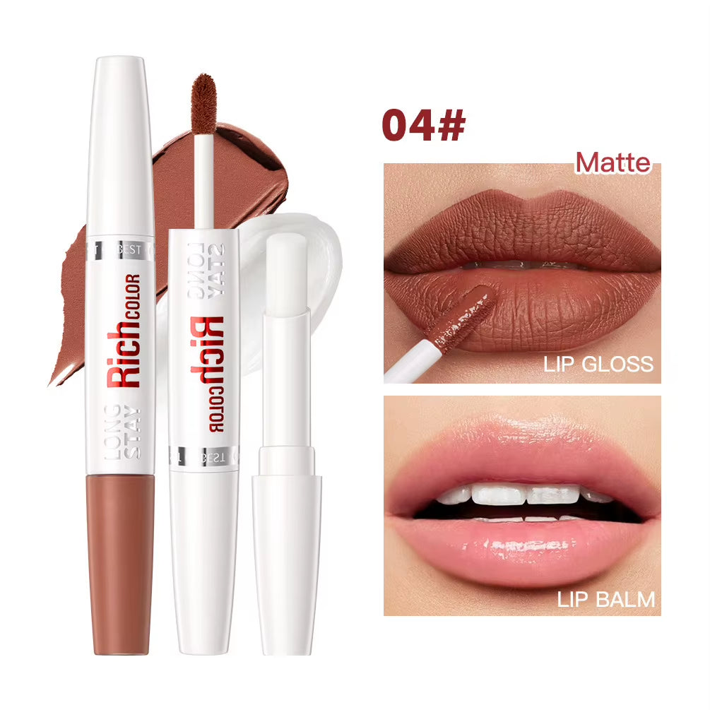 8 Colors Waterproof Double-Ended Lip Gloss Moisturizing Hydrating Non-Stick Cup Not Easy to Fade Long-Lasting Matte Lip Gloss