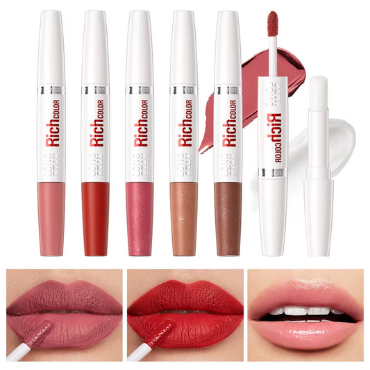 8 Colors Waterproof Double-Ended Lip Gloss Moisturizing Hydrating Non-Stick Cup Not Easy to Fade Long-Lasting Matte Lip Gloss