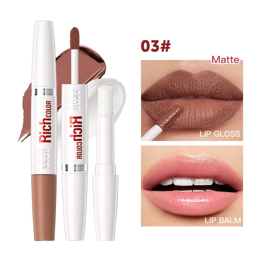 8 Colors Waterproof Double-Ended Lip Gloss Moisturizing Hydrating Non-Stick Cup Not Easy to Fade Long-Lasting Matte Lip Gloss