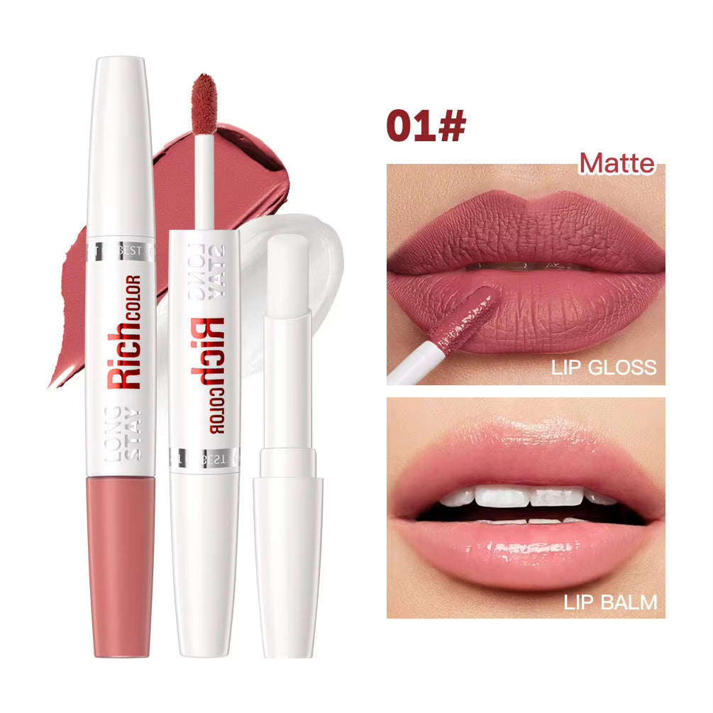 8 Colors Waterproof Double-Ended Lip Gloss Moisturizing Hydrating Non-Stick Cup Not Easy to Fade Long-Lasting Matte Lip Gloss