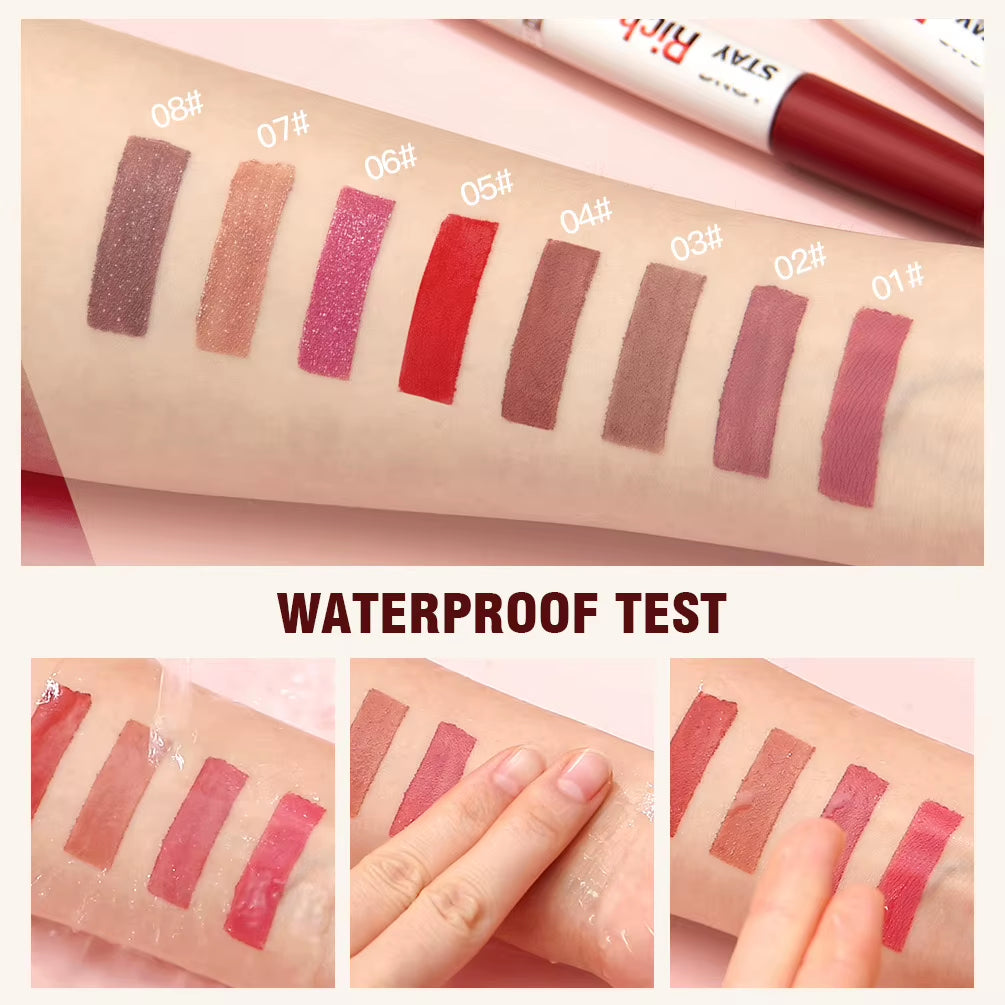 8 Colors Waterproof Double-Ended Lip Gloss Moisturizing Hydrating Non-Stick Cup Not Easy to Fade Long-Lasting Matte Lip Gloss